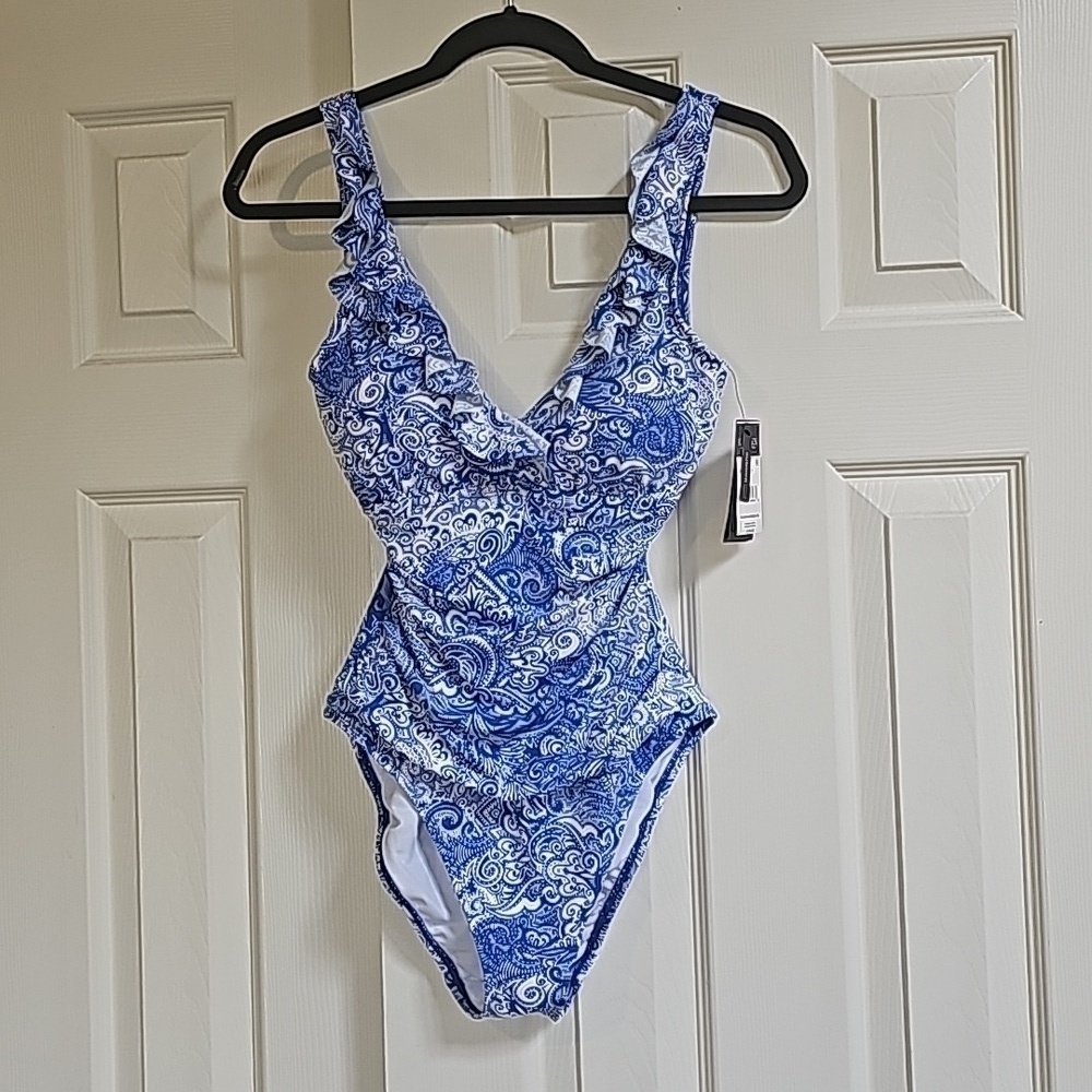Lauren Ralph Lauren Artisanal Woodblock Ruffle Surplice Underwire One-Piece 8